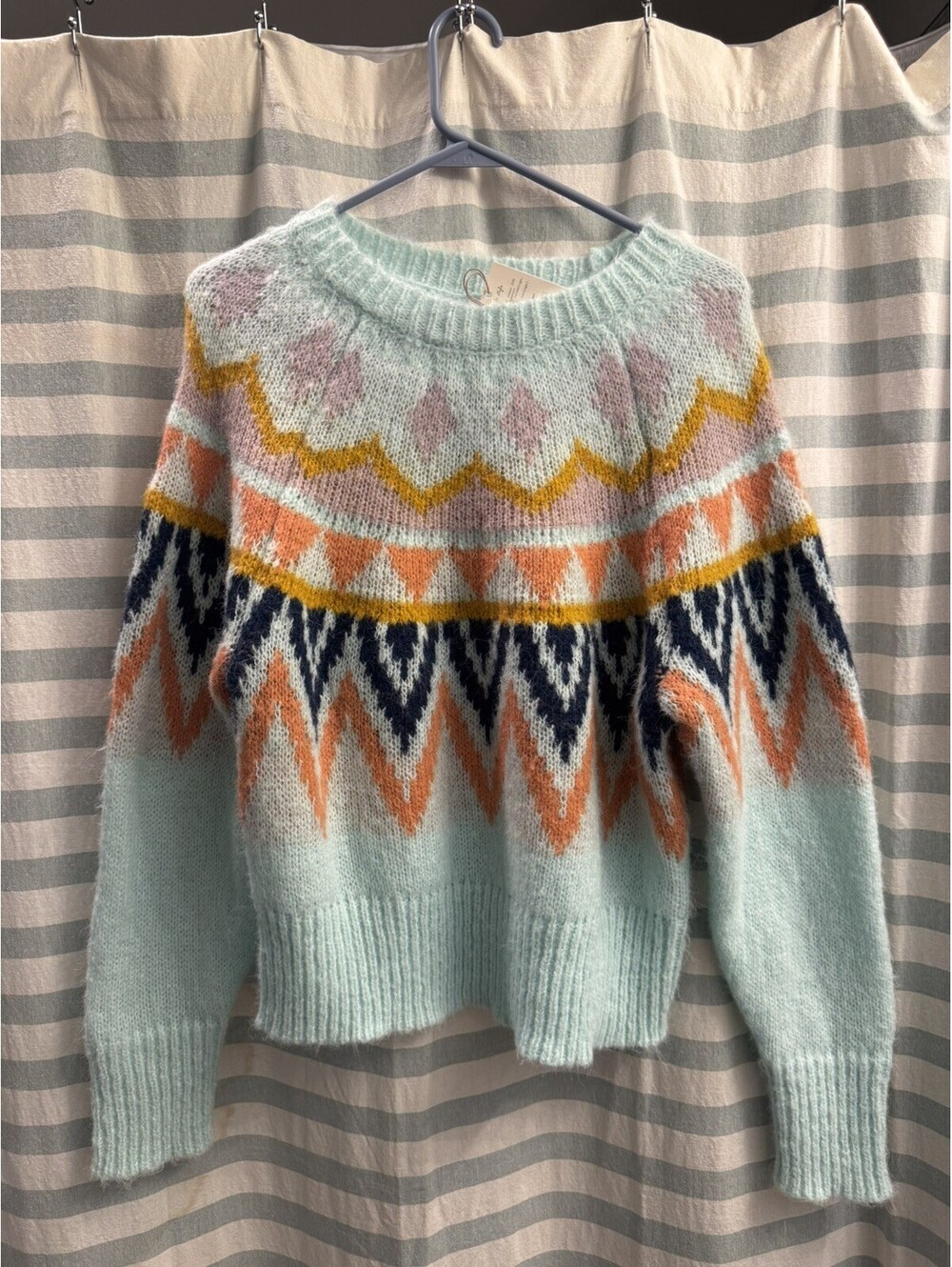 A New Day Sweater Womens M Mint Green Fair Isle Fuzzy Knit Crewneck Pullover NWT